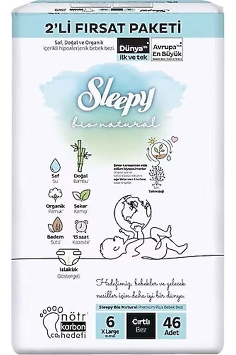 Sleepy Bio Natural Bebek Bezi 6 No 15-27 kg 46 lı 2li Fırsat Paket