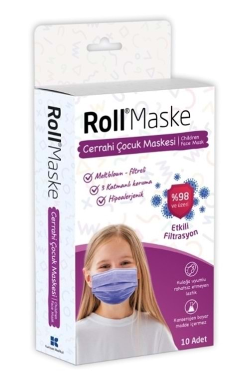 Roll Maske Cerrahi Çocuk Maskesi Kız 10 lu