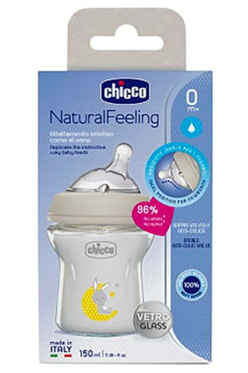 Chicco Natural Feeling Silikon Emzikli Cam Biberon Desenli 150 Ml