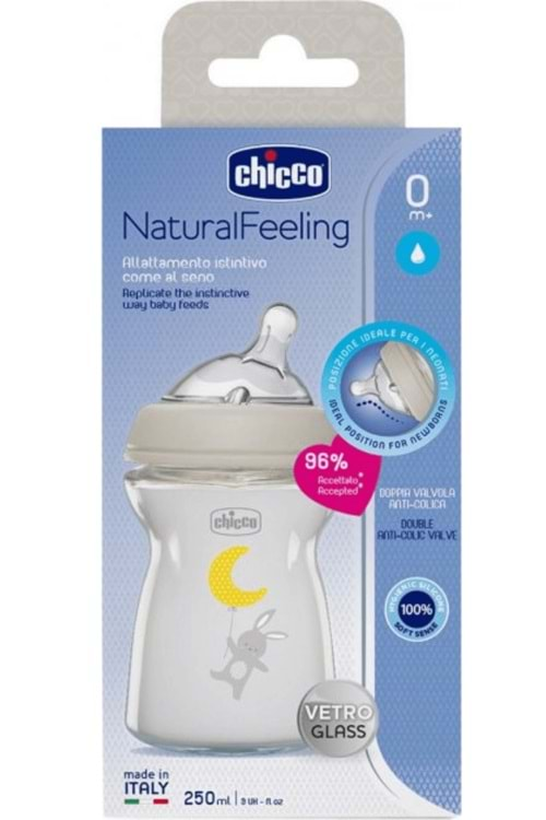 Chicco Natural Feeling Silikon Emzikli Cam Biberon Desenli 250 Ml