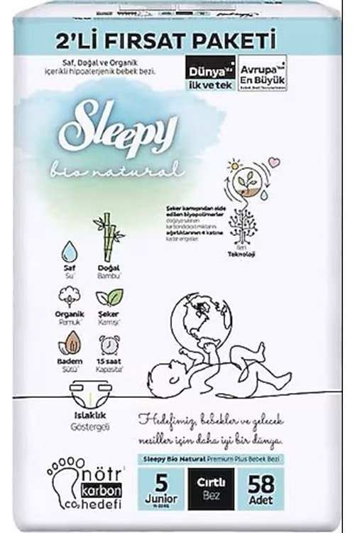 Sleepy Bio Natural Bebek Bezi 5 No 11-20 kg 58 Li 2li Fırsat Paket