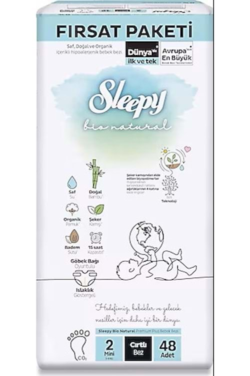 Sleepy Bio Natural Bebek Bezi 2 No 3-6 kg 48 Li Fırsat Paket