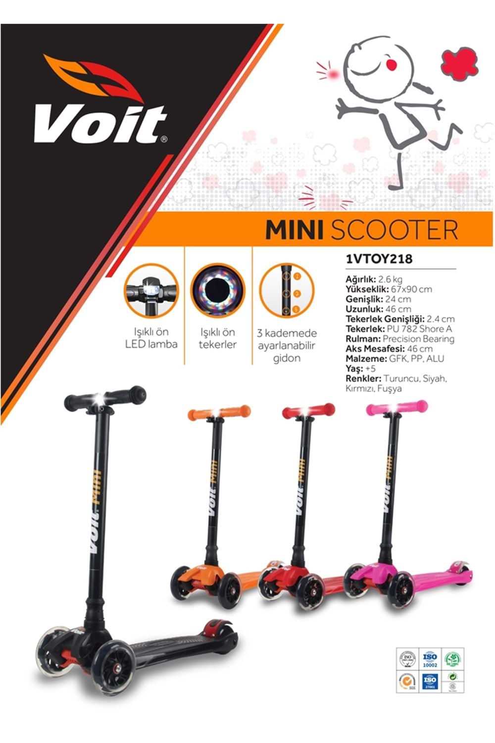 Voit 218 Mini Scooter Işıklı Teker Kırmızı